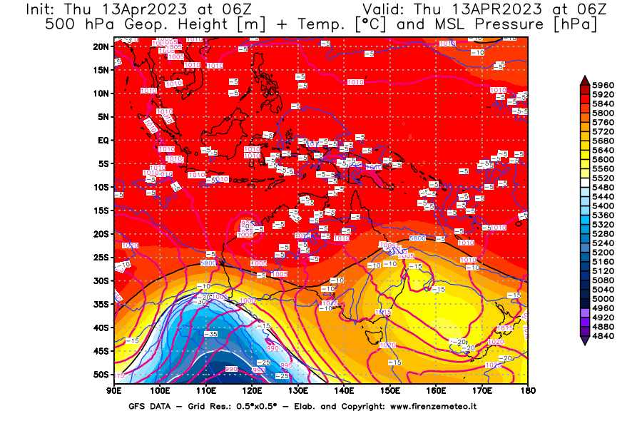 Mappa di analisi GFS - Geopotenziale [m] + Temp. [°C] a 500 hPa + Press. a livello del mare [hPa] in Oceania
							del 13/04/2023 06 <!--googleoff: index-->UTC<!--googleon: index-->