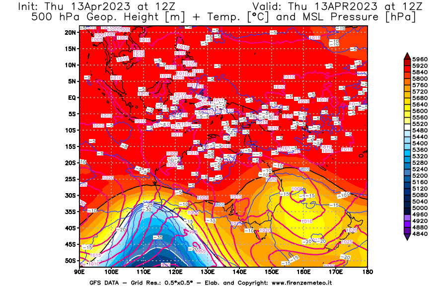 Mappa di analisi GFS - Geopotenziale [m] + Temp. [°C] a 500 hPa + Press. a livello del mare [hPa] in Oceania
							del 13/04/2023 12 <!--googleoff: index-->UTC<!--googleon: index-->