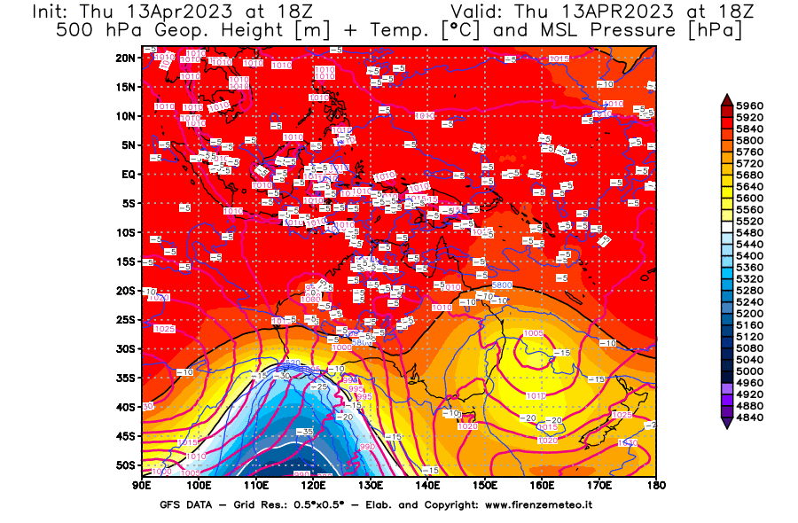 Mappa di analisi GFS - Geopotenziale [m] + Temp. [°C] a 500 hPa + Press. a livello del mare [hPa] in Oceania
							del 13/04/2023 18 <!--googleoff: index-->UTC<!--googleon: index-->