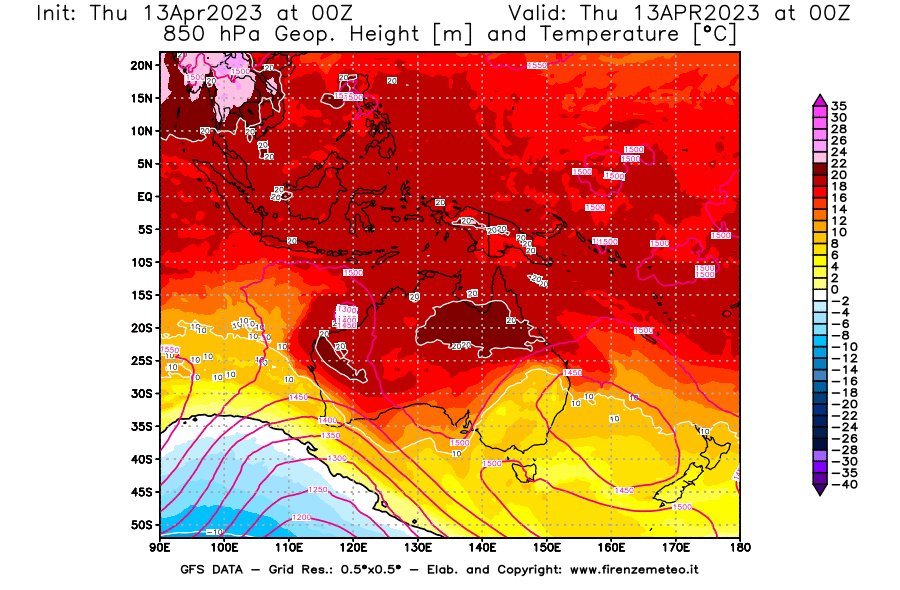 Mappa di analisi GFS - Geopotenziale [m] e Temperatura [°C] a 850 hPa in Oceania
							del 13/04/2023 00 <!--googleoff: index-->UTC<!--googleon: index-->
