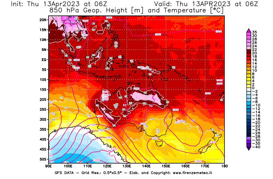GFS analysi map - Geopotential [m] and Temperature [°C] at 850 hPa in Oceania
									on 13/04/2023 06 <!--googleoff: index-->UTC<!--googleon: index-->