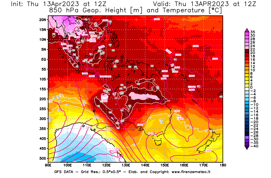Mappa di analisi GFS - Geopotenziale [m] e Temperatura [°C] a 850 hPa in Oceania
							del 13/04/2023 12 <!--googleoff: index-->UTC<!--googleon: index-->