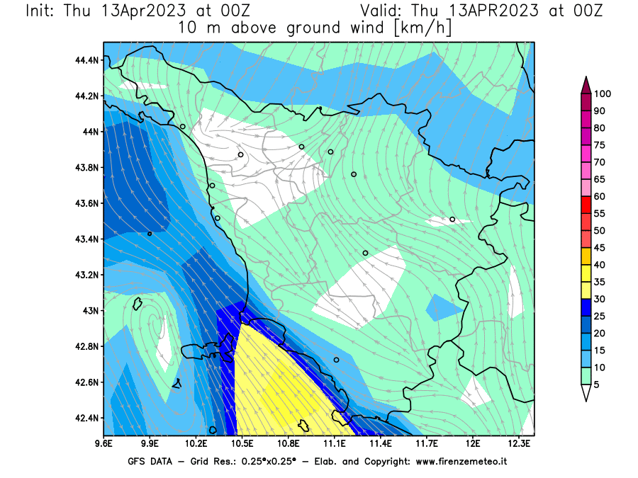 GFS analysi map - Wind Speed at 10 m above ground [km/h] in Tuscany
									on 13/04/2023 00 <!--googleoff: index-->UTC<!--googleon: index-->