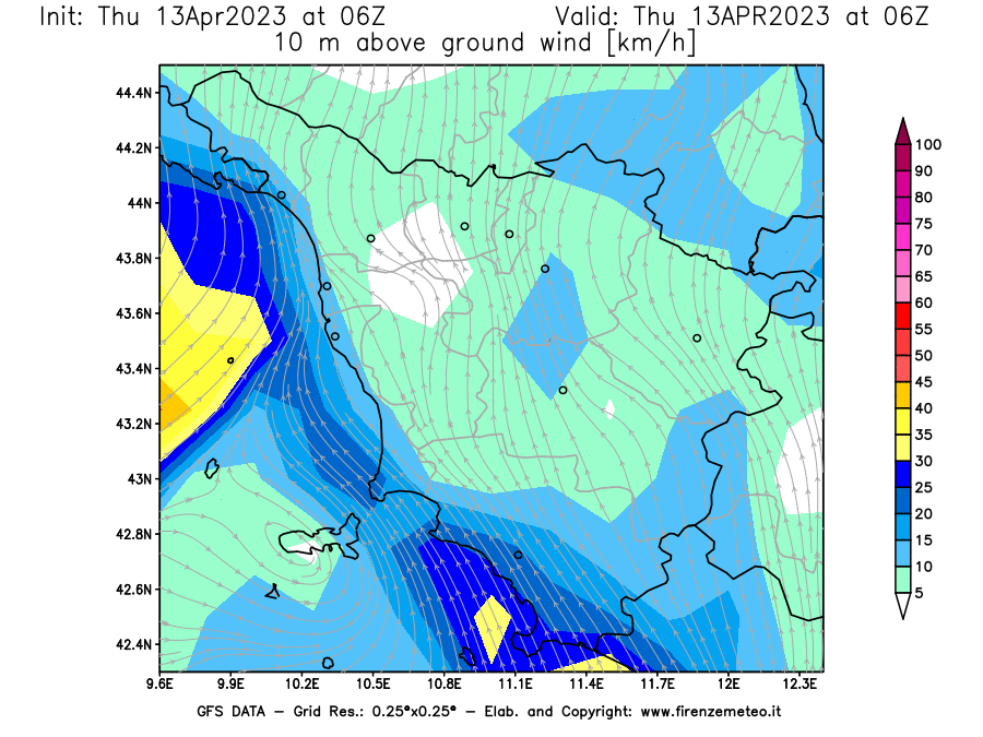 Mappa di analisi GFS - Velocità del vento a 10 metri dal suolo [km/h] in Toscana
							del 13/04/2023 06 <!--googleoff: index-->UTC<!--googleon: index-->