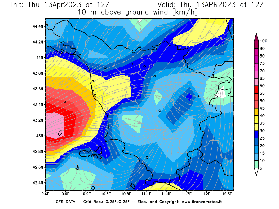 Mappa di analisi GFS - Velocità del vento a 10 metri dal suolo [km/h] in Toscana
							del 13/04/2023 12 <!--googleoff: index-->UTC<!--googleon: index-->