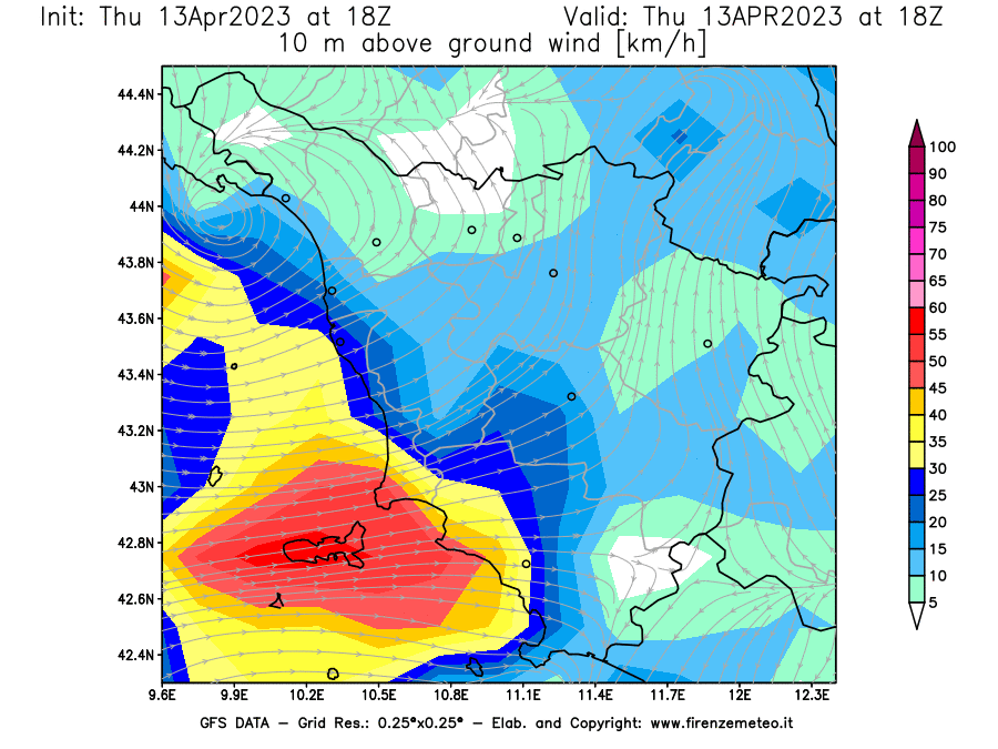 Mappa di analisi GFS - Velocità del vento a 10 metri dal suolo [km/h] in Toscana
							del 13/04/2023 18 <!--googleoff: index-->UTC<!--googleon: index-->