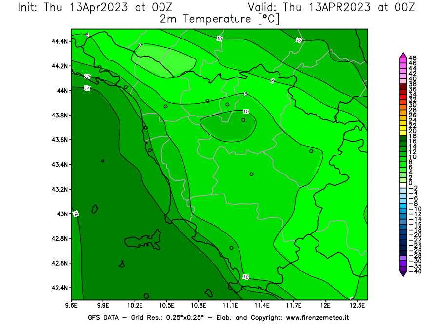 GFS analysi map - Temperature at 2 m above ground [°C] in Tuscany
									on 13/04/2023 00 <!--googleoff: index-->UTC<!--googleon: index-->