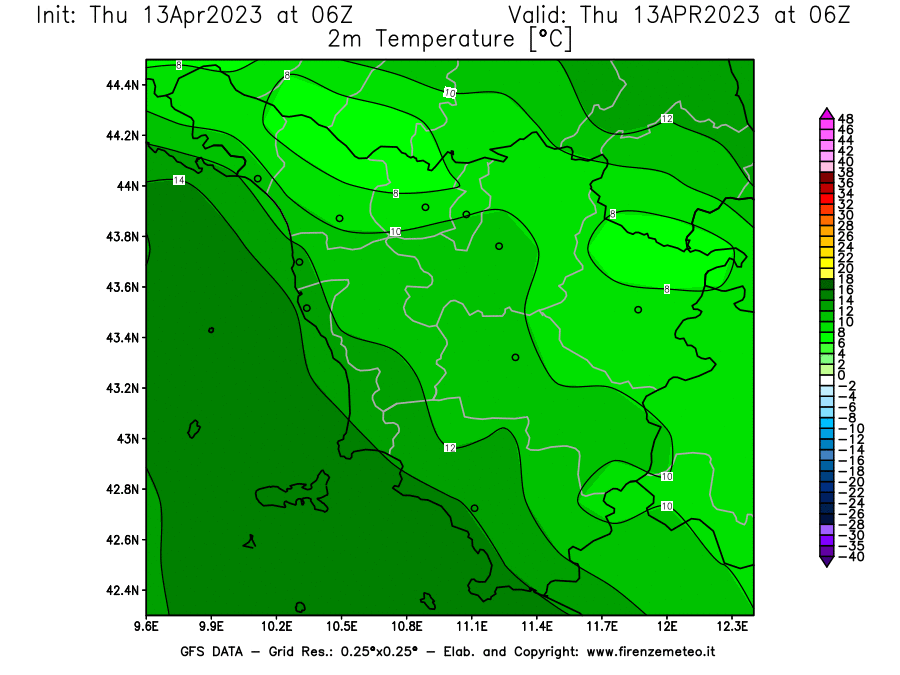 GFS analysi map - Temperature at 2 m above ground [°C] in Tuscany
									on 13/04/2023 06 <!--googleoff: index-->UTC<!--googleon: index-->