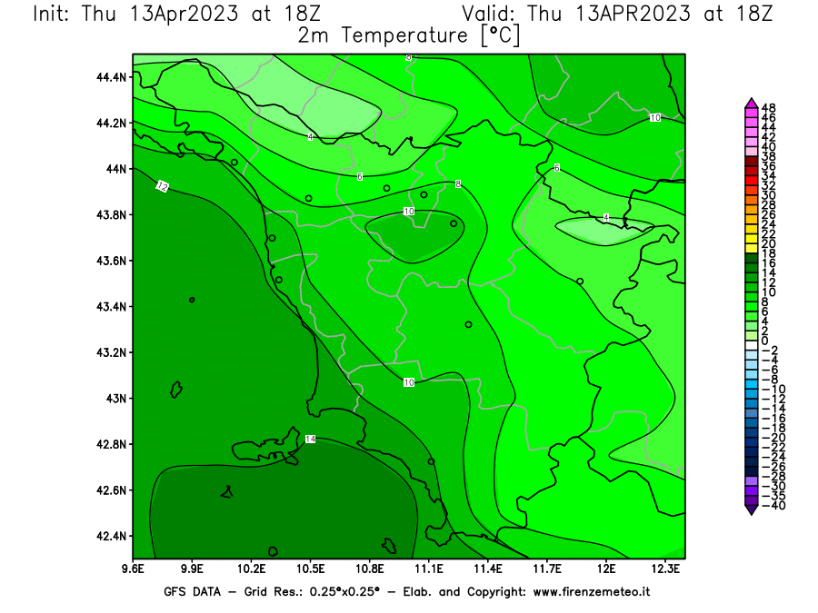 GFS analysi map - Temperature at 2 m above ground [°C] in Tuscany
									on 13/04/2023 18 <!--googleoff: index-->UTC<!--googleon: index-->