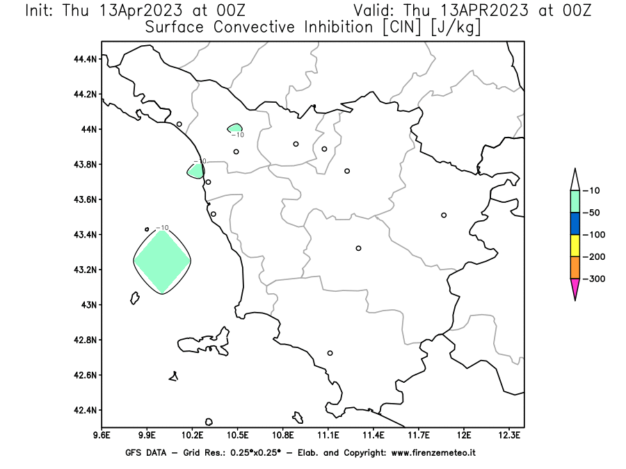 GFS analysi map - CIN [J/kg] in Tuscany
									on 13/04/2023 00 <!--googleoff: index-->UTC<!--googleon: index-->
