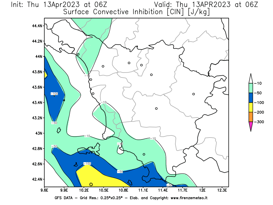 GFS analysi map - CIN [J/kg] in Tuscany
									on 13/04/2023 06 <!--googleoff: index-->UTC<!--googleon: index-->