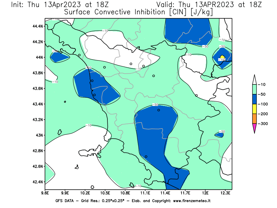 Mappa di analisi GFS - CIN [J/kg] in Toscana
							del 13/04/2023 18 <!--googleoff: index-->UTC<!--googleon: index-->