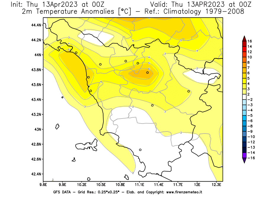 Mappa di analisi GFS - Anomalia Temperatura [°C] a 2 m in Toscana
							del 13/04/2023 00 <!--googleoff: index-->UTC<!--googleon: index-->