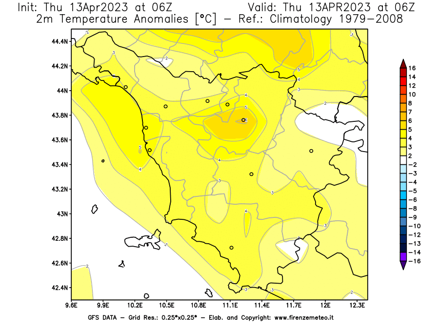 GFS analysi map - Temperature Anomalies [°C] at 2 m in Tuscany
									on 13/04/2023 06 <!--googleoff: index-->UTC<!--googleon: index-->