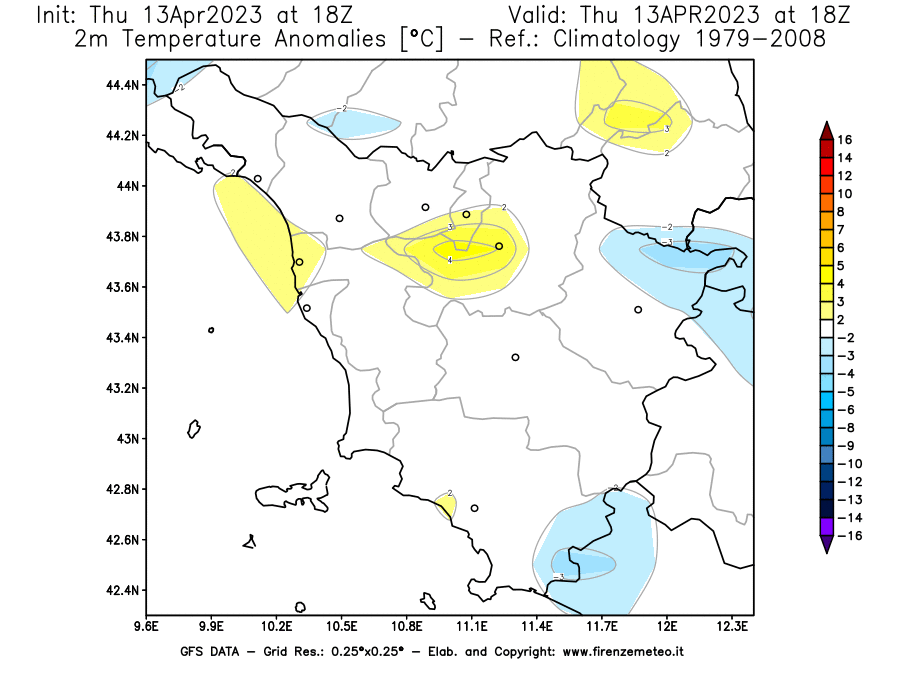 GFS analysi map - Temperature Anomalies [°C] at 2 m in Tuscany
									on 13/04/2023 18 <!--googleoff: index-->UTC<!--googleon: index-->