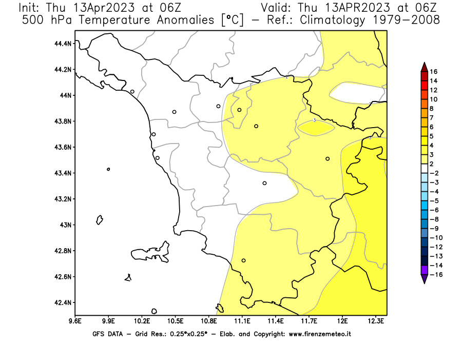 GFS analysi map - Temperature Anomalies [°C] at 500 hPa in Tuscany
									on 13/04/2023 06 <!--googleoff: index-->UTC<!--googleon: index-->