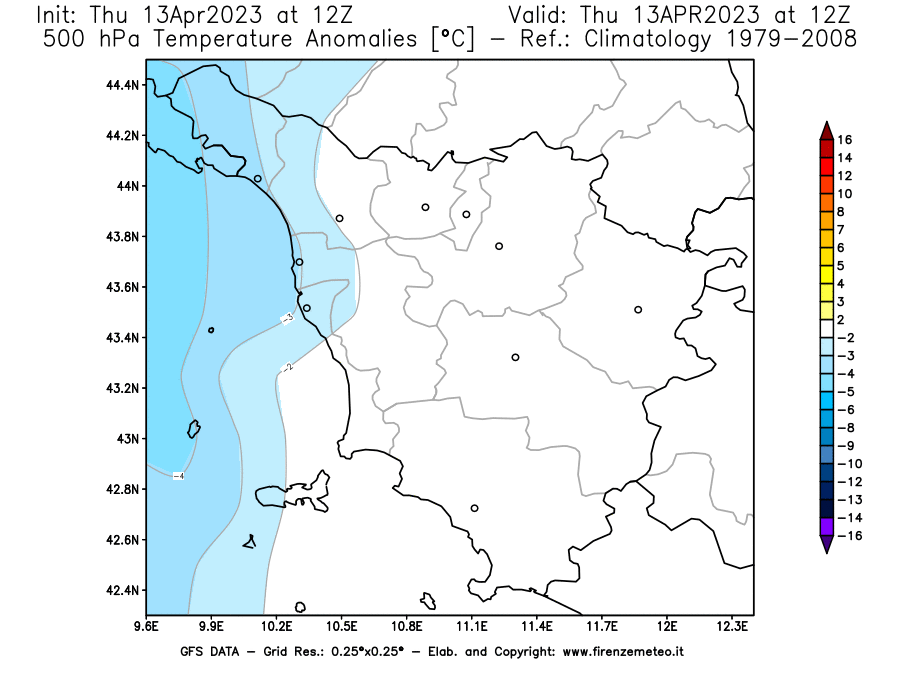 GFS analysi map - Temperature Anomalies [°C] at 500 hPa in Tuscany
									on 13/04/2023 12 <!--googleoff: index-->UTC<!--googleon: index-->