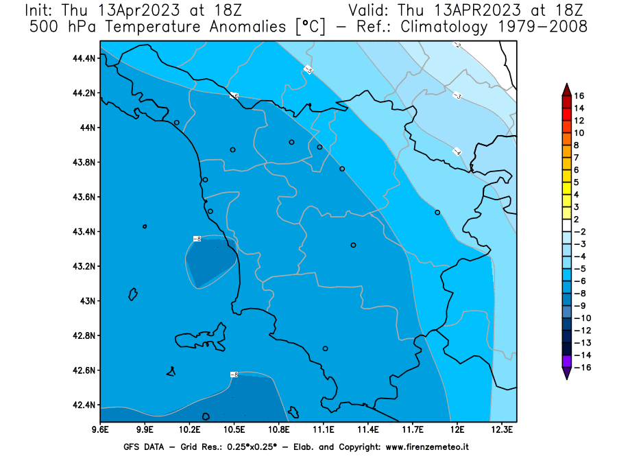 GFS analysi map - Temperature Anomalies [°C] at 500 hPa in Tuscany
									on 13/04/2023 18 <!--googleoff: index-->UTC<!--googleon: index-->