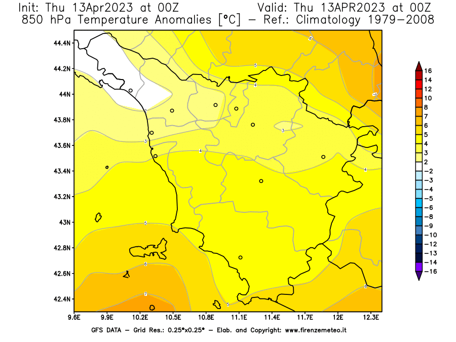 Mappa di analisi GFS - Anomalia Temperatura [°C] a 850 hPa in Toscana
							del 13/04/2023 00 <!--googleoff: index-->UTC<!--googleon: index-->