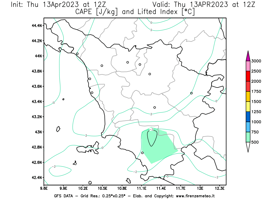 Mappa di analisi GFS - CAPE [J/kg] e Lifted Index [°C] in Toscana
							del 13/04/2023 12 <!--googleoff: index-->UTC<!--googleon: index-->