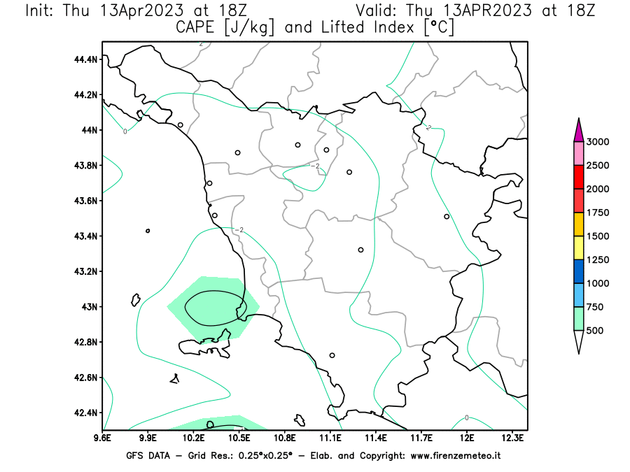 GFS analysi map - CAPE [J/kg] and Lifted Index [°C] in Tuscany
									on 13/04/2023 18 <!--googleoff: index-->UTC<!--googleon: index-->