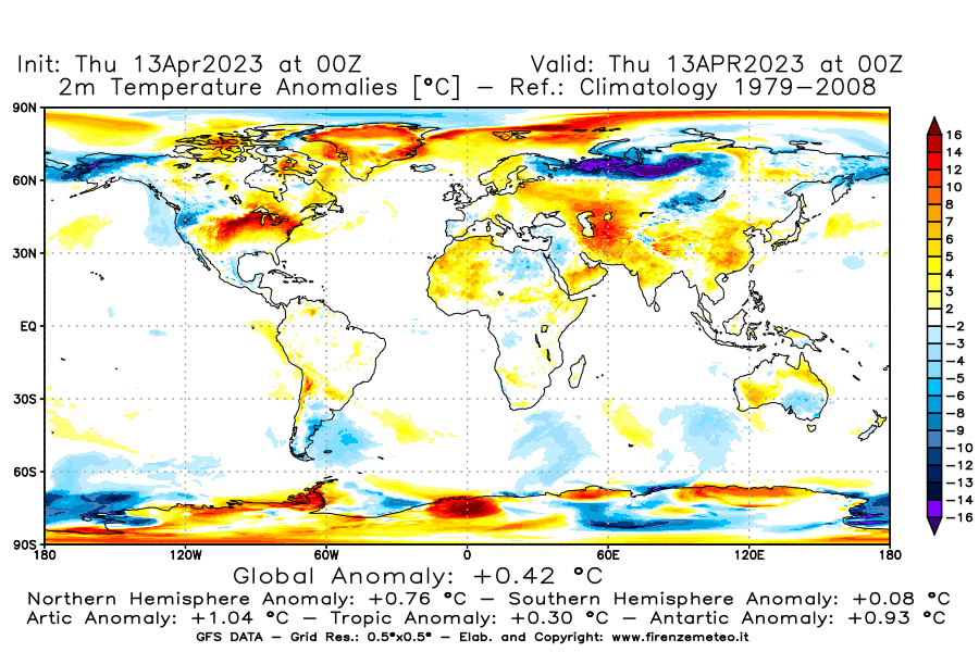 Mappa di analisi GFS - Anomalia Temperatura [°C] a 2 m in World
							del 13/04/2023 00 <!--googleoff: index-->UTC<!--googleon: index-->