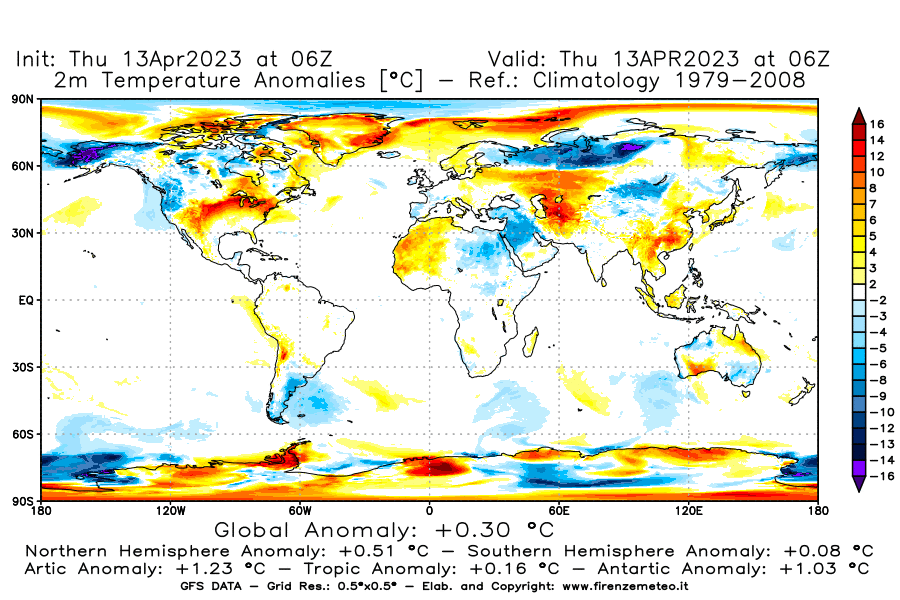 Mappa di analisi GFS - Anomalia Temperatura [°C] a 2 m in World
							del 13/04/2023 06 <!--googleoff: index-->UTC<!--googleon: index-->