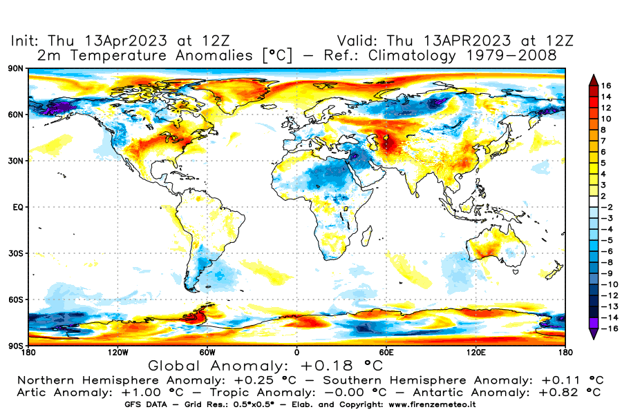 Mappa di analisi GFS - Anomalia Temperatura [°C] a 2 m in World
							del 13/04/2023 12 <!--googleoff: index-->UTC<!--googleon: index-->