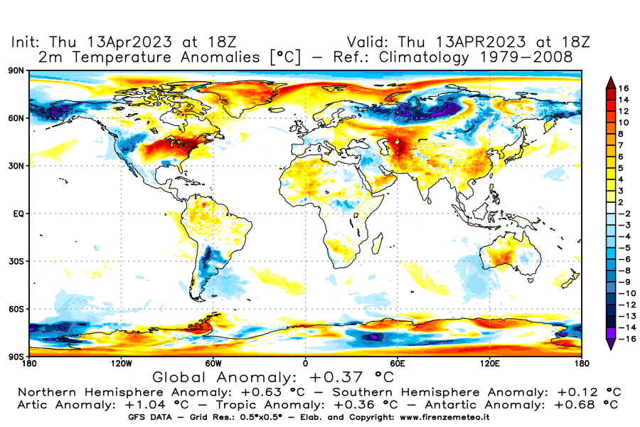 Mappa di analisi GFS - Anomalia Temperatura [°C] a 2 m in World
							del 13/04/2023 18 <!--googleoff: index-->UTC<!--googleon: index-->