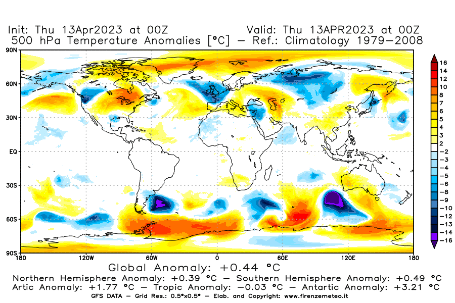 Mappa di analisi GFS - Anomalia Temperatura [°C] a 500 hPa in World
							del 13/04/2023 00 <!--googleoff: index-->UTC<!--googleon: index-->