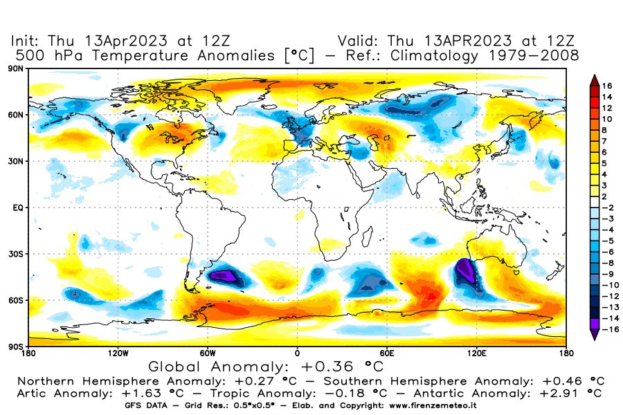 Mappa di analisi GFS - Anomalia Temperatura [°C] a 500 hPa in World
							del 13/04/2023 12 <!--googleoff: index-->UTC<!--googleon: index-->