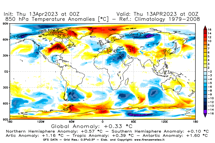 Mappa di analisi GFS - Anomalia Temperatura [°C] a 850 hPa in World
							del 13/04/2023 00 <!--googleoff: index-->UTC<!--googleon: index-->