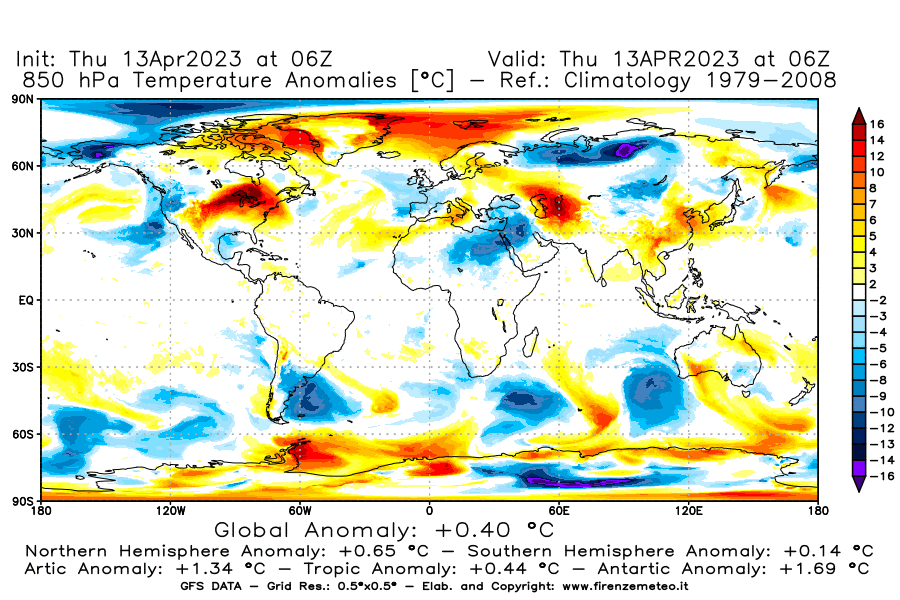 Mappa di analisi GFS - Anomalia Temperatura [°C] a 850 hPa in World
							del 13/04/2023 06 <!--googleoff: index-->UTC<!--googleon: index-->