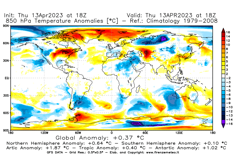 Mappa di analisi GFS - Anomalia Temperatura [°C] a 850 hPa in World
							del 13/04/2023 18 <!--googleoff: index-->UTC<!--googleon: index-->