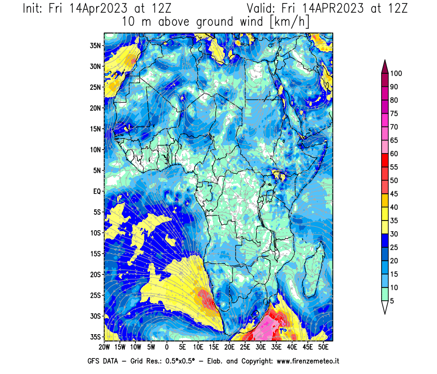 GFS analysi map - Wind Speed at 10 m above ground [km/h] in Africa
									on 14/04/2023 12 <!--googleoff: index-->UTC<!--googleon: index-->