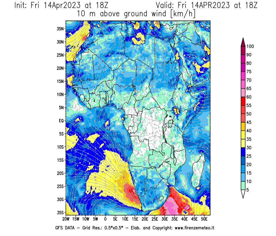 GFS analysi map - Wind Speed at 10 m above ground [km/h] in Africa
									on 14/04/2023 18 <!--googleoff: index-->UTC<!--googleon: index-->