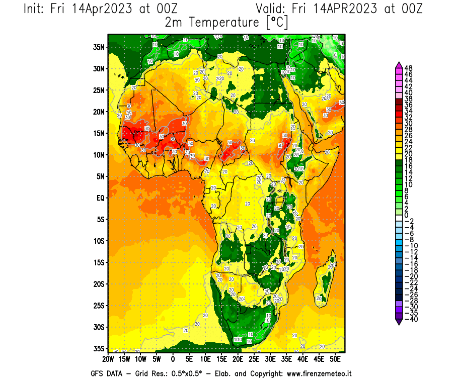 GFS analysi map - Temperature at 2 m above ground [°C] in Africa
									on 14/04/2023 00 <!--googleoff: index-->UTC<!--googleon: index-->