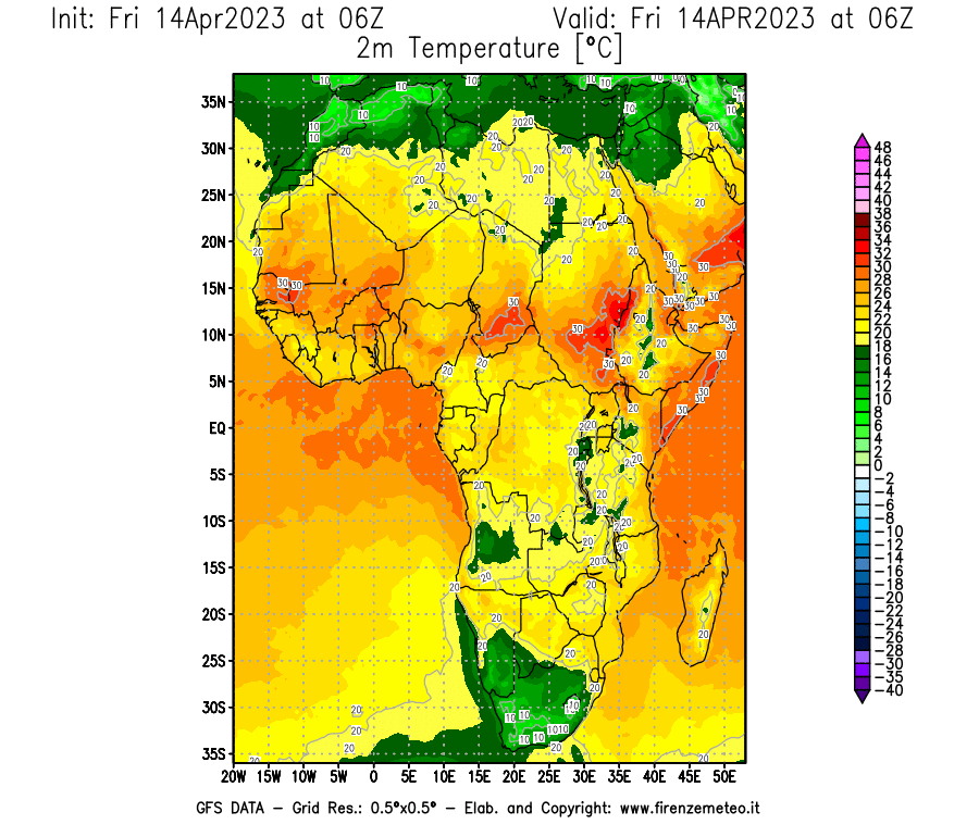 GFS analysi map - Temperature at 2 m above ground [°C] in Africa
									on 14/04/2023 06 <!--googleoff: index-->UTC<!--googleon: index-->