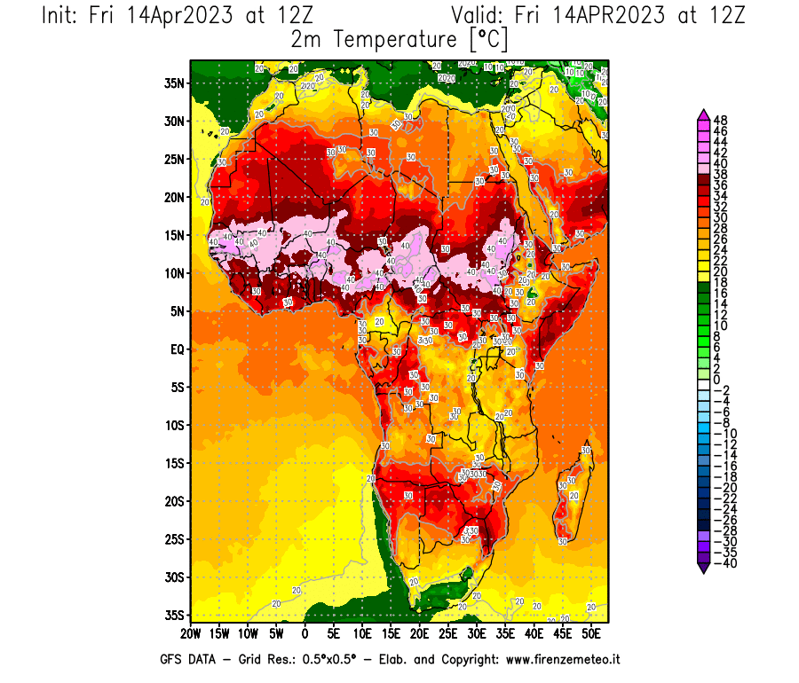 GFS analysi map - Temperature at 2 m above ground [°C] in Africa
									on 14/04/2023 12 <!--googleoff: index-->UTC<!--googleon: index-->