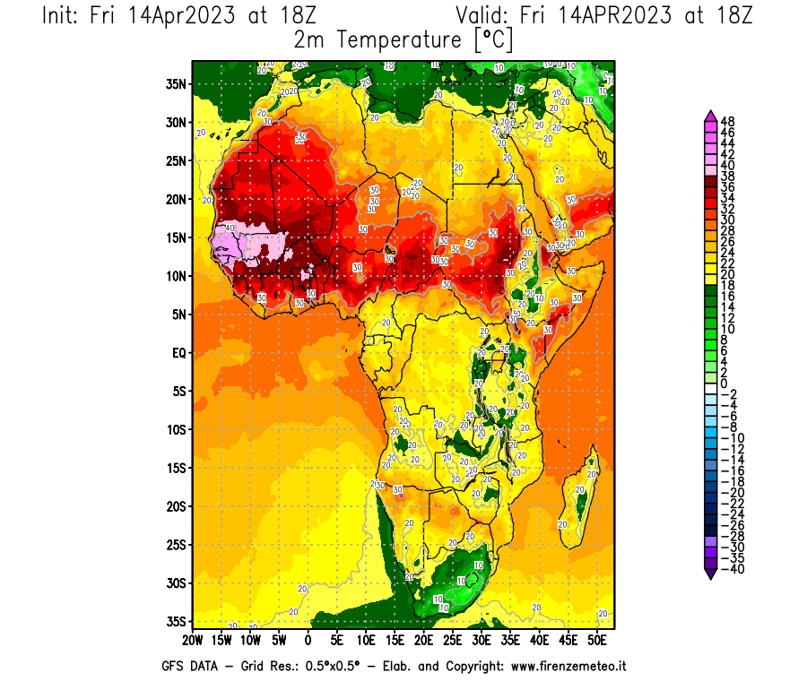 GFS analysi map - Temperature at 2 m above ground [°C] in Africa
									on 14/04/2023 18 <!--googleoff: index-->UTC<!--googleon: index-->