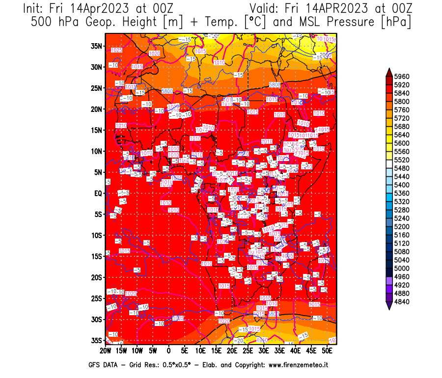 GFS analysi map - Geopotential [m] + Temp. [°C] at 500 hPa + Sea Level Pressure [hPa] in Africa
									on 14/04/2023 00 <!--googleoff: index-->UTC<!--googleon: index-->
