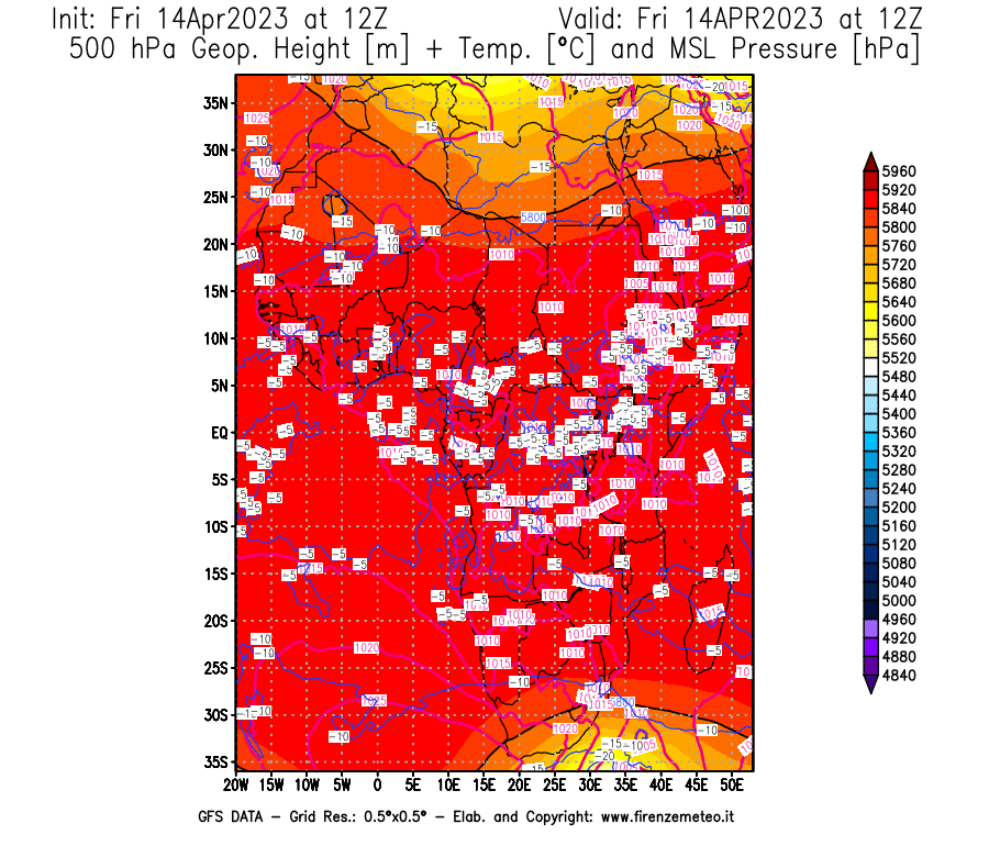 GFS analysi map - Geopotential [m] + Temp. [°C] at 500 hPa + Sea Level Pressure [hPa] in Africa
									on 14/04/2023 12 <!--googleoff: index-->UTC<!--googleon: index-->
