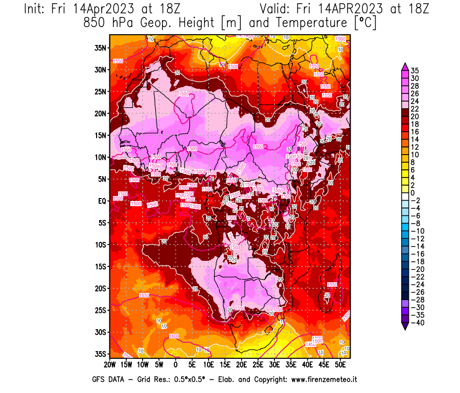 GFS analysi map - Geopotential [m] and Temperature [°C] at 850 hPa in Africa
									on 14/04/2023 18 <!--googleoff: index-->UTC<!--googleon: index-->