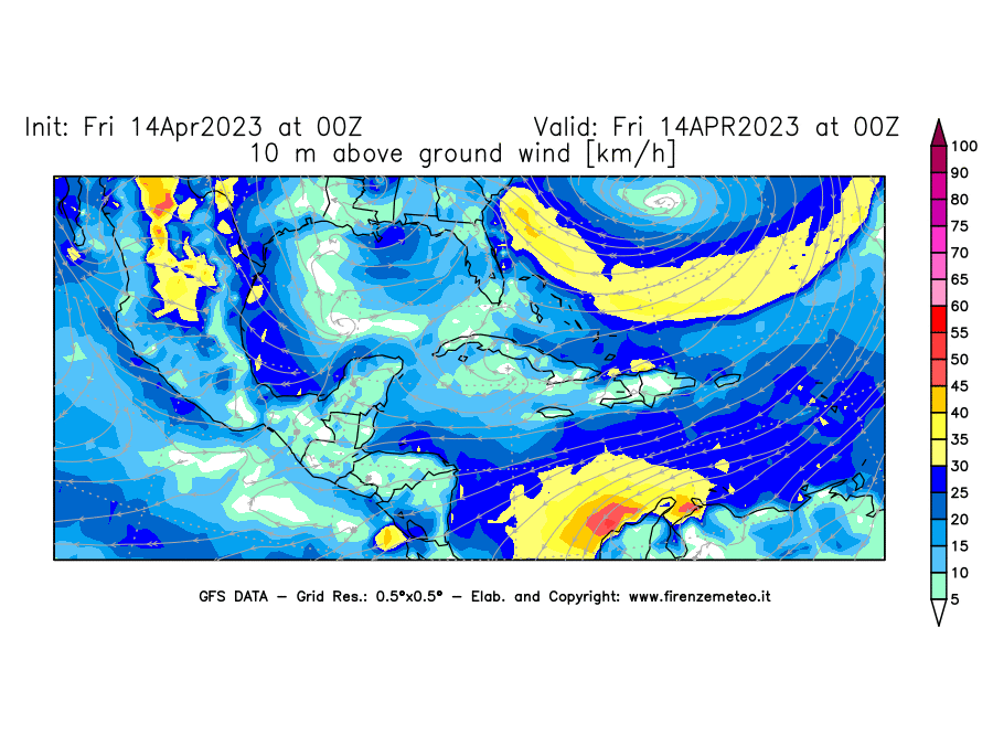GFS analysi map - Wind Speed at 10 m above ground [km/h] in Central America
									on 14/04/2023 00 <!--googleoff: index-->UTC<!--googleon: index-->