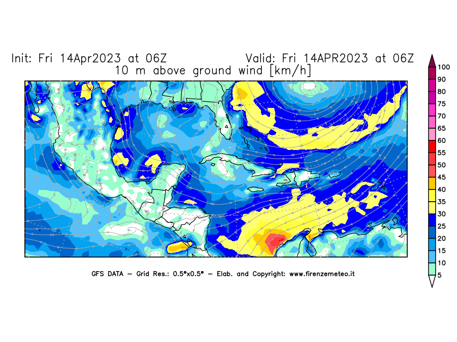 GFS analysi map - Wind Speed at 10 m above ground [km/h] in Central America
									on 14/04/2023 06 <!--googleoff: index-->UTC<!--googleon: index-->