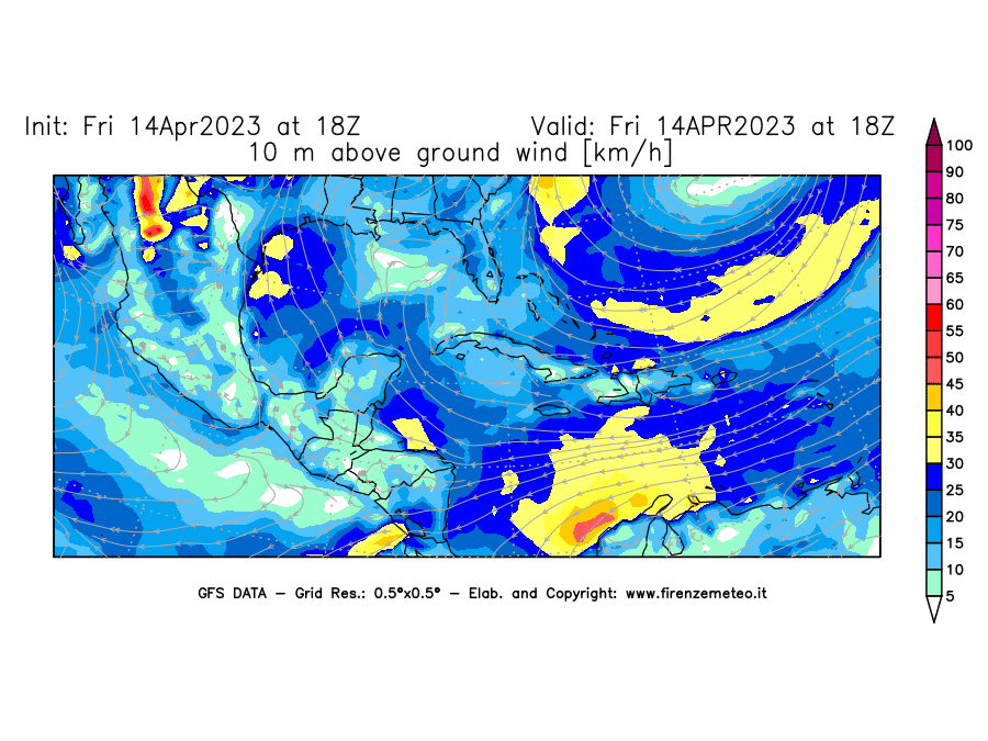 GFS analysi map - Wind Speed at 10 m above ground [km/h] in Central America
									on 14/04/2023 18 <!--googleoff: index-->UTC<!--googleon: index-->