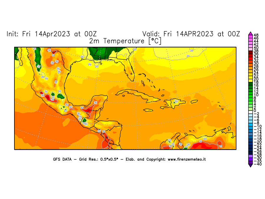 GFS analysi map - Temperature at 2 m above ground [°C] in Central America
									on 14/04/2023 00 <!--googleoff: index-->UTC<!--googleon: index-->