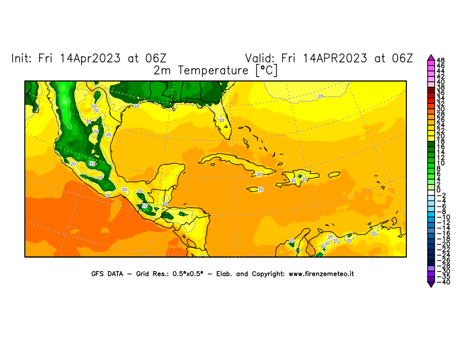 GFS analysi map - Temperature at 2 m above ground [°C] in Central America
									on 14/04/2023 06 <!--googleoff: index-->UTC<!--googleon: index-->