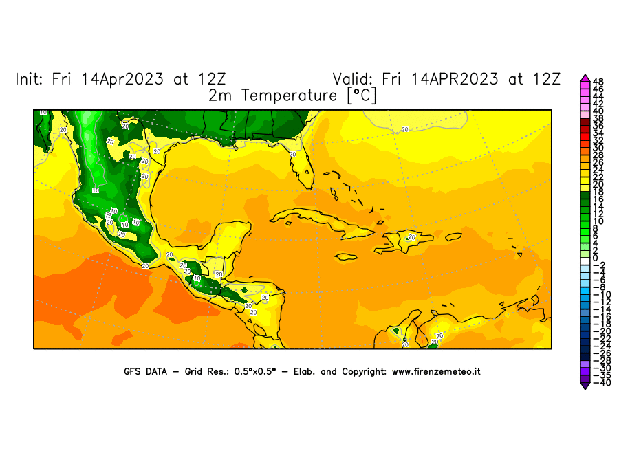 GFS analysi map - Temperature at 2 m above ground [°C] in Central America
									on 14/04/2023 12 <!--googleoff: index-->UTC<!--googleon: index-->