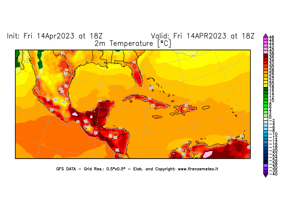 GFS analysi map - Temperature at 2 m above ground [°C] in Central America
									on 14/04/2023 18 <!--googleoff: index-->UTC<!--googleon: index-->